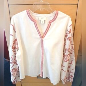 Calypso St Barth Embroidered Cotton/Flax Blouse Sz L Pink & White
